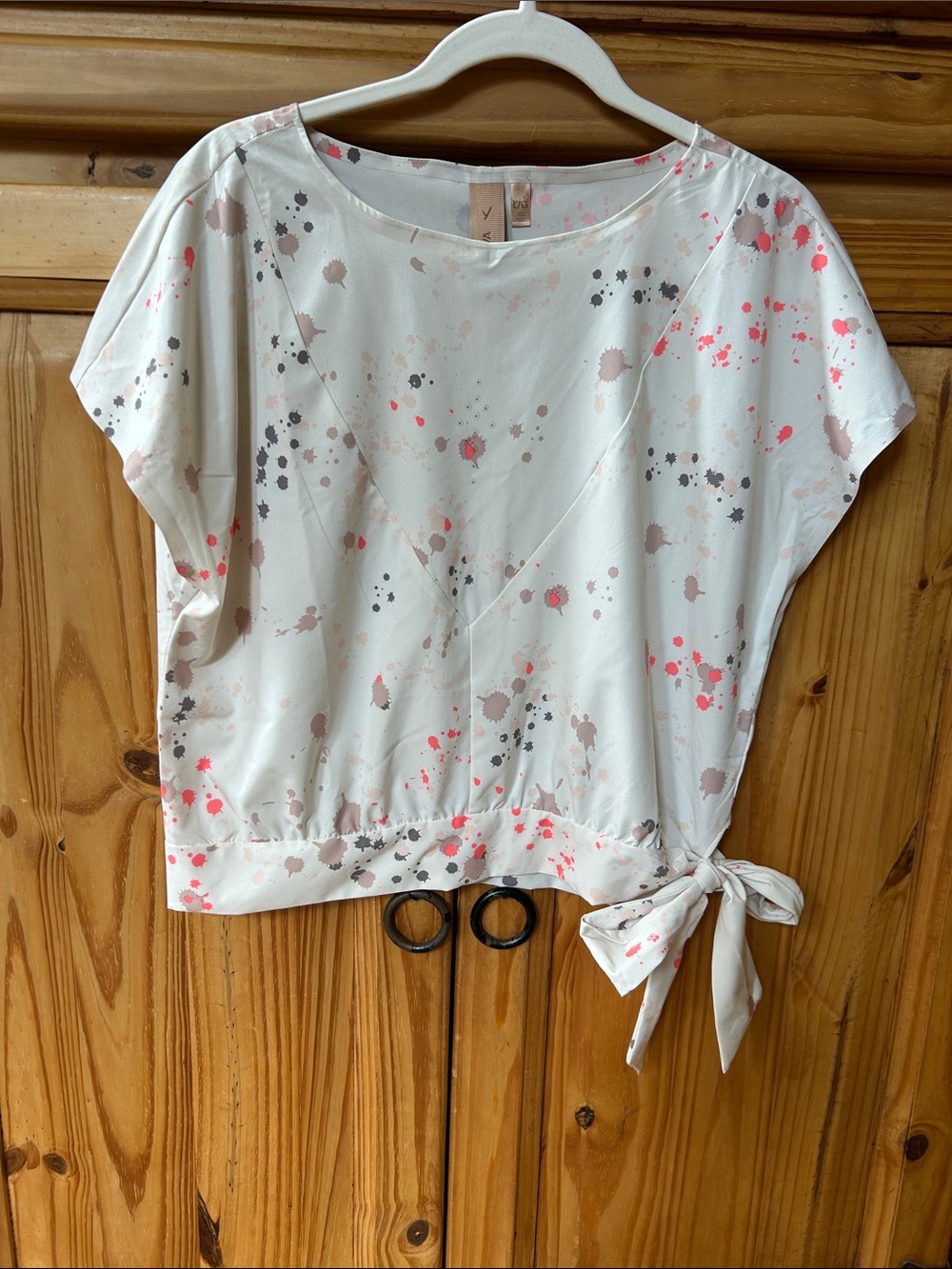 Indyeva White Paint Splatter Print Side Tie Dolman Sleeve Top Boxy Crop Artsy